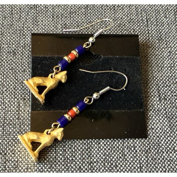 Egyptian Revival Cat Lover Bastet Dangle Pierced Earrings Pewter Carnelian Beads - Picture 2 of 11